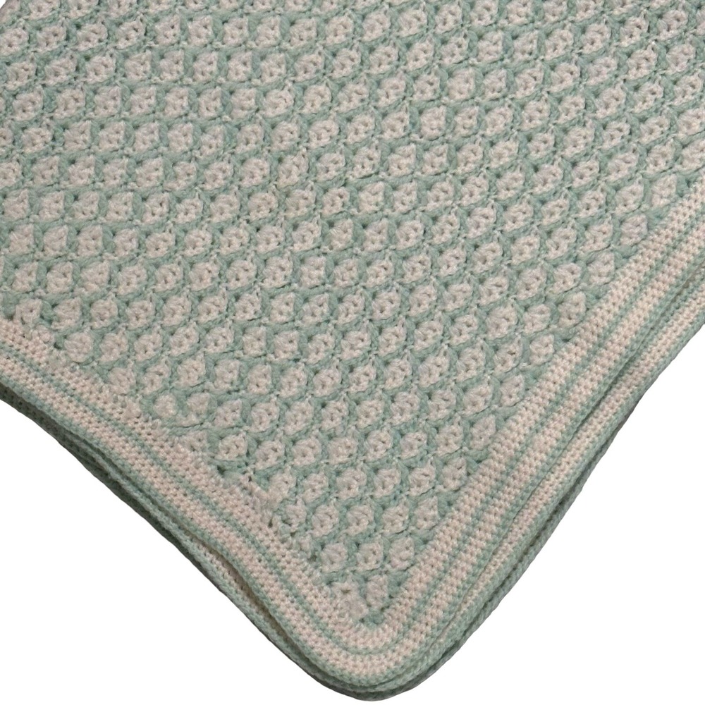 Vintage Baby Blanket Throw Crochet Afghan Unisex White Green Crib 34 X 40